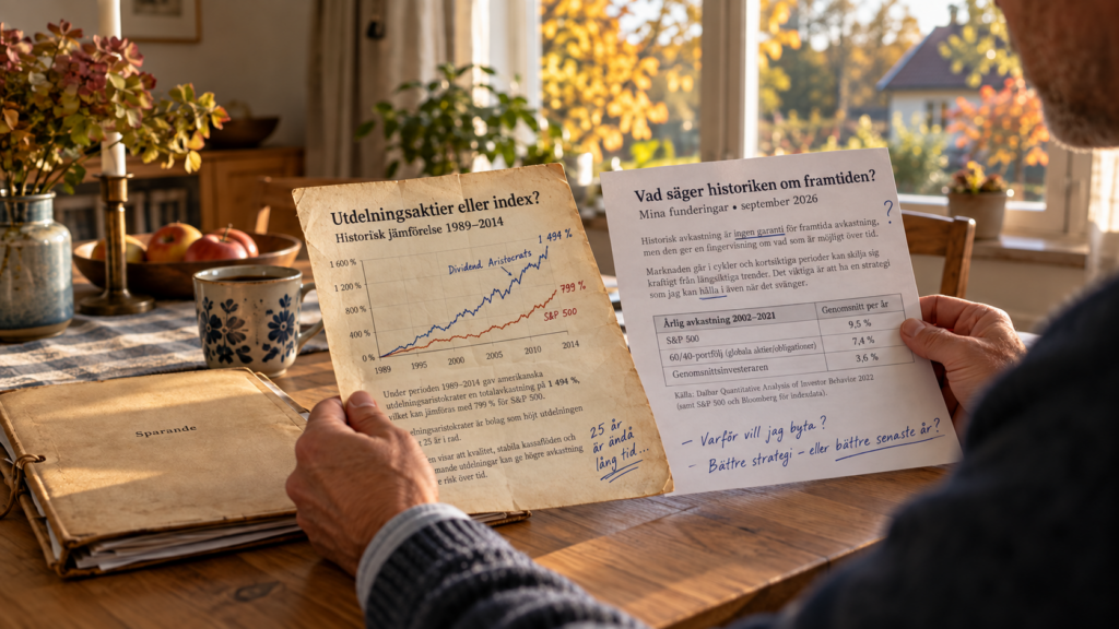 En person jämför historisk avkastning och egna anteckningar om investeringsstrategier vid ett köksbord.